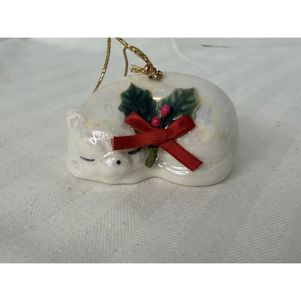 Vintage 1988 Enesco Sleeping Cat Christmas Ornament Holly Ribbon